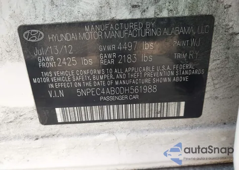 2013 Hyundai Sonata Limited 2.0T from USA, damaged, VIN 5NPEC4AB0DH561988